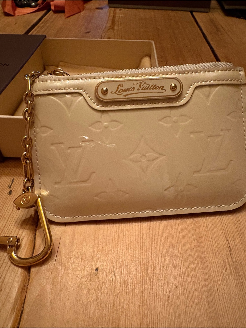 Louis Vuitton Cream Patent Vernis Monogram Key Pouch with Gold Hardware